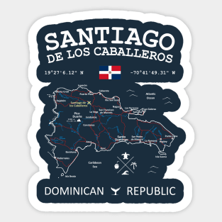 Dominican Republic Map Flag Santiago de los Caballeros Coordinates Roads Rivers and Oceans White Sticker